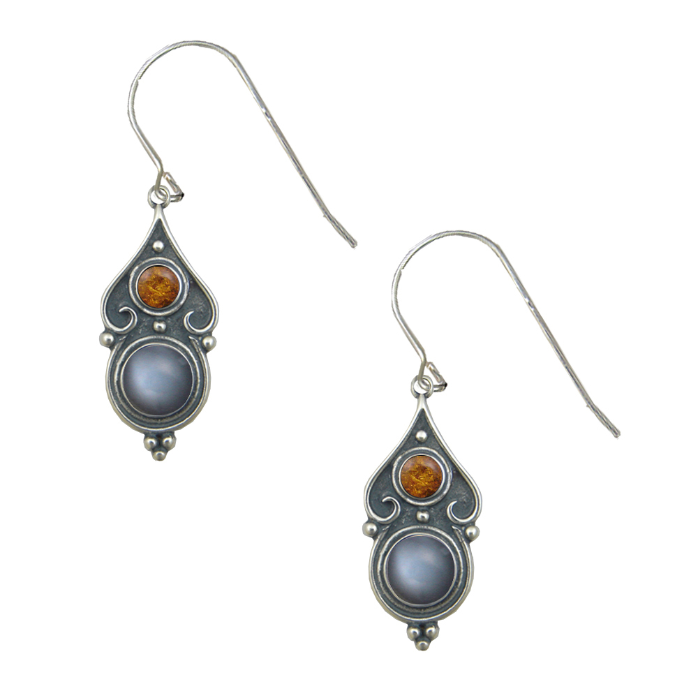 Sterling Silver Designer Post Stud Earrings With Grey Moonstone And Amber